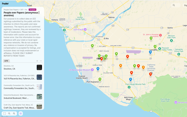 Map of many sighting with photos of ICE raids in Ventura County