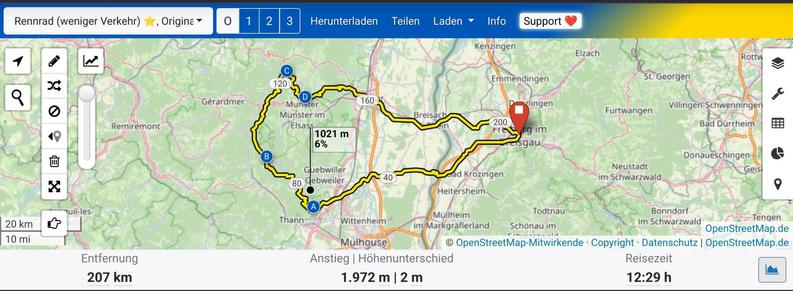 Screenshot von Bikerouter mit einer Route von Freiburg über Wattwiller zum Grand Ballon, weiter über Lac Blanc zum Vol du Wettstein und über Colmar zurück nach Freiburg.