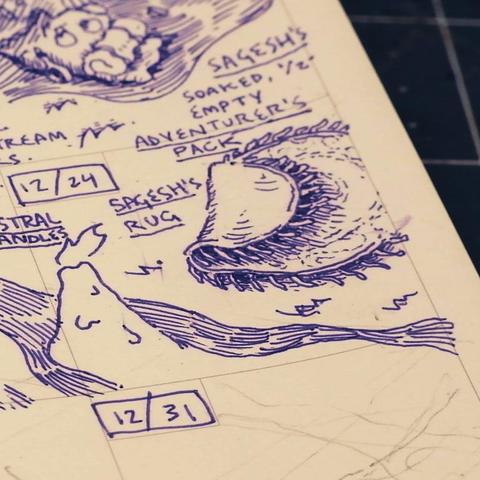 12/24. Text: "Sagesh's soaked, half-empty adventurer's pack" "Sagesh's rug." Drawing: water flows past a folded round rug and a candle-like pillar with a flame shooting off of it