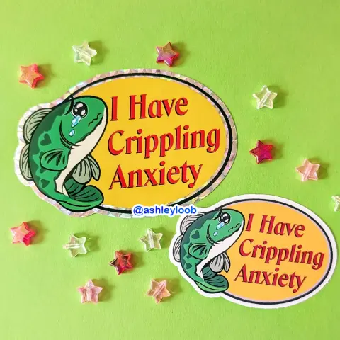 The Bass Pro Shops logo, except the fish is crying and the text says "I have crippling anxiety."