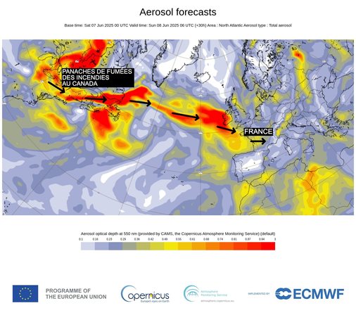 Le panache des fumée des incendies du Canada qui traverse l'Atlantique et arrive en Europe