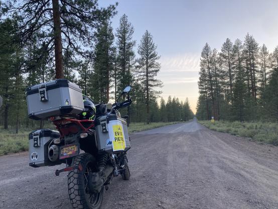 An adventure-style motorcycle, with metal luggage cases, seen from the rear right side, is parked on an otherwise deserted road. The bike faces toward a sparse forest of ponderosa pine trees outlined by the sunset. On the right-side luggage case is a yellow sign with the words EVENT PATROL on it.