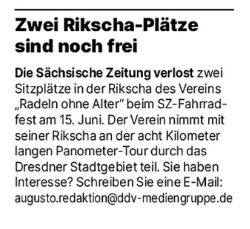 Zeitungsausschnitt zur Rikschaplatzverlosung, bei Interesse Mail an: augusto.redaktion@ddv-mediengruppe.de
