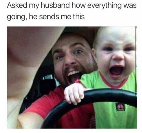 Meme with a selfie photo of a man sitting behind the wheel of a car. An infant is on his lap, standing upright and holding onto the steering wheel. Both dad and baby have funny expressions that look like they are yelling and screaming.

Meme text reads, "Asked my husband how everything was going, and he sent me this."