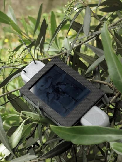 The DigitalBug is seated in an olive tree, watching out to highway entrance.
