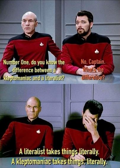 The classic two-panel Picard/Riker facepalm meme with a bad pun/dad joke. 

Picard: "Number One, do you know the difference between a kleptomaniac and a literalist?"

Riker: "No Captain. What's the difference?"

Picard: "A literalist takes things literally. A kleptomaniac takes things, literally."

Riker then facepalms.