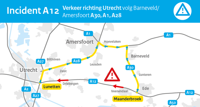 Incident A12. Verkeer richting Utrecht volg Barneveld over de A30, A1 en A28.