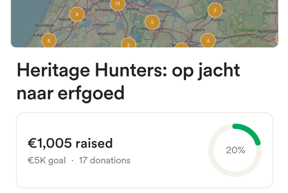 Screenshot van GoFundMe, bedrag dat is opgehaald is €1.005, 20% van het doel.