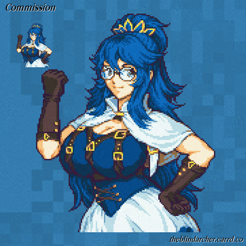 A 16-bit pixel art half-body portrait of a fair skinned woman with long blue hair and a very generously endowed figure.  She wears the top of her hair in a ponytail while the rest is unkempt in the back, sides, and bangs.  The ponytail is held in place by a gold and blue hair accessory shaped like a peacock's tail.  She wears large circle-frame glasses, and is looking out of the corner of her eyes.  Her expression is a confident smirk, and she's standing contrapposto with the back of one hand on her hip and the other raised in a fist pump.  She wears a white mantel held in place by a gold clasp.  Under the mantle she wears a dark blue corset with numerous straps and buckles along the bust.  A white skirt with some slightly visible blue trim extends from underneath.  The art is of the client's original character.