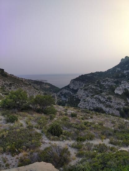 Vue depuis le col de la Galinette, entre le vallon de la Mounine (visible sur la photo) et le grand Malvallon, menant respectivement à la calanque de la Mounine, et à la calanque de Marseilleveyre.

Le premier plan se compose d'une végétation sèche et très rase sujette aux vents violents sûrement. En contrebas des petites falaises compose le vallon.

Tout au bout du vallon, la calanque n'est pas visible, mais la mer l'est.
