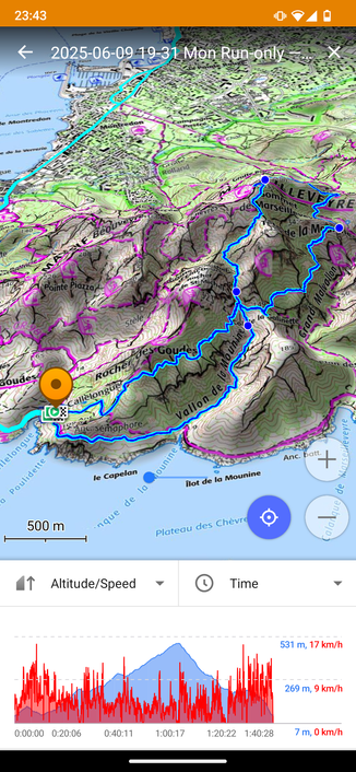 Carte du parcours, en bleu ciel la partie vélo, en bleu foncé la course.

En bas de la carte, un graphique en fonction du temps sur la partie course montrant, en rouge la vitesse  de déplacement et en bleue l'altitude parcourue.