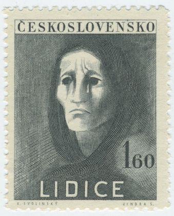 Czechoslovak commemorative stamp (1,60 koruna) for Lidice, 1947:
grayscale engraving of tearful woman in mourning--

by Karel Svolinský (1896-1986) and Jindra Schmidt (1897-1984). The two collaborated regularly throughout their careers. ironically, Schmidt's first postal  engraving was for an occupation stamp depicting Hitler looking out over the "Lesser Town in Prague" in 1943. The remainder of his productions fall in the postwar era