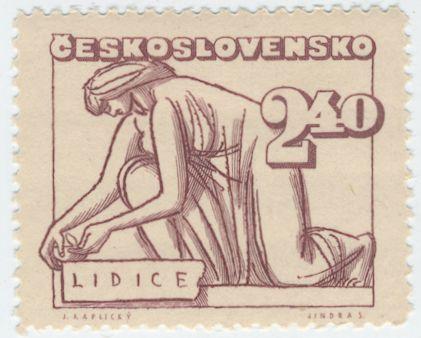 postage stamp. 2.40 K

marroon on beige

woman facing left, kneeling to plant seedling
Text at top Československo
Text at bottom: Lidice

J. Kaplickÿ and Jindra Schmidt