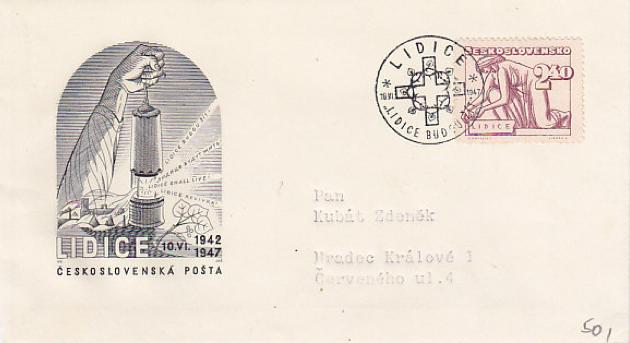 special cover and cancellation

the 2,40 K stamp with special cancellation including the image of the cross and crown of thorns used to commemorate the massacre and the town name Lidice

at lower left, the cachet depicts a hand holding a miner's lamp (against a background of ruins), the rays of which spell out Lidice Shall Live in various languages

linden leaves (a Czech national symbol)

the dates 10.VI. 1942 1947