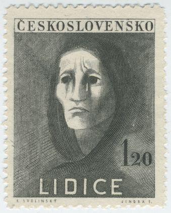 Czechoslovak commemorative stamp (1,20 koruna) for Lidice, 1947:
grayscale engraving of tearful woman in mourning--

by Karel Svolinský (1896-1986) and Jindra Schmidt (1897-1984). The two collaborated regularly throughout their careers. ironically, Schmidt's first postal  engraving was for an occupation stamp depicting Hitler looking out over the "Lesser Town in Prague" in 1943. The remainder of his productions fall in the postwar era