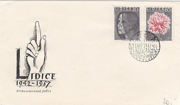 two stamps, once again the product of the regular collaboration between Karel Svolinský (1896-1986) and Jindra Schmidt (1897-1984).

1 30h stamp in gray: a veiled, determined face, looking left
2 60h a rose

The rose became a symbol of Lidice when a British memorial group proposed the idea

The Rose Garden - Lidice Memorial
https://www.lidice-memorial.cz/en/memorial/the-rose-garden/

The cachet at left has a raised finger of victory and loyalty, which had become an important symbol already during the war and dates back to earlier nationalist motifs