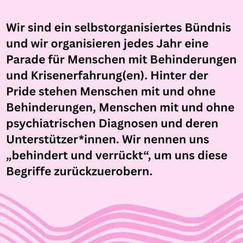Wir sind ein selbstorganisiertes Bündnis und wir organisieren jedes Jahr eine Parade für Menschen mit Behinderungen und Krisenerfahrung(en). Hinter der Pride stehen Menschen mit und ohne Behinderungen, Menschen mit und ohne psychiatrischen Diagnosen und deren Unterstützer*innen. Wir nennen uns „behindert und verrückt", um uns diese Begriffe zurückzuerobern.