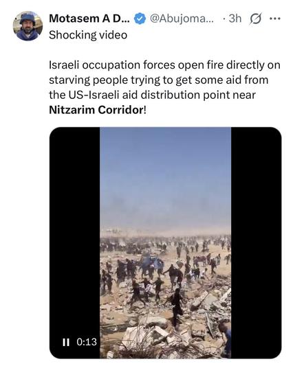 Screenshot of this tweet. Still of crowds at Nizarimm Corridor running in a destroyed, rubble landscape

https://x.com/AbujomaaGaza/status/1932633271281635499