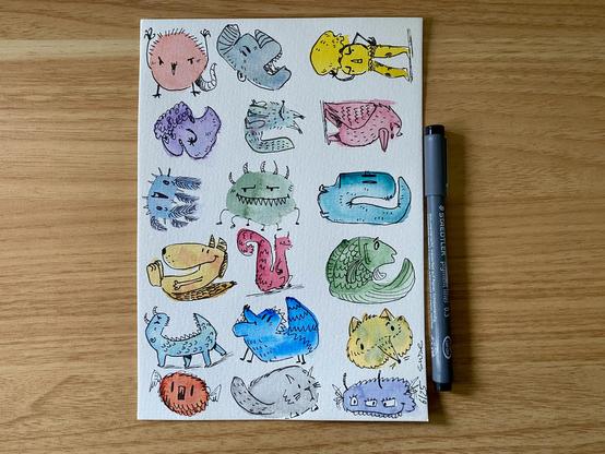 Bunte Auqarellblobbs die mit Outlines zu Wesen, Tieren oder kleinen Monsterchen verwandelt wurden.