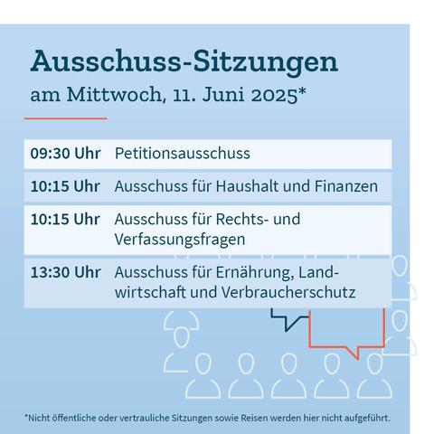 Grafik in Blautönen mit den Terminen der Ausschusssitzungen am Mittwoch, 11. Juni 2025: 9:30 Uhr: Petitionsausschuss. 10:15 Uhr: Ausschuss für Haushalt und Finanzen. 10:15 Uhr: Ausschuss für Rechts- und Verfassungsfragen. 13:30 Uhr: Ausschuss für Ernährung, Landwirtschaft und Verbraucherschutz. Dazu der Hinweis, dass nicht öffentliche oder vertrauliche Sitzungen sowie Reisen nicht aufgeführt werden.