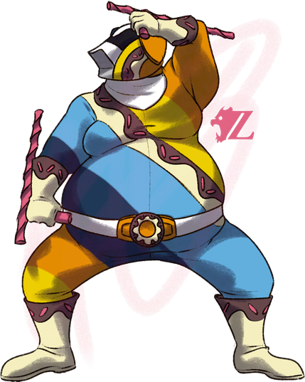 Buddy Goodboy, a male anthropomorphic Labrador retriever, has become the Donut Ranger! The chunky guy now wears a spandex suit in the colors of the aroace pride flag, with a diagonal stripe across his shoulder and belly in the pattern of a chocolate sprinkle donut in the colors of the fat pride flag. The gloves and boots are in the donut pattern too as he strikes a pose with a pair of tonfa in the shape of licorice candy.
