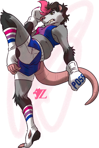 Jennifer, a female anthropomorphic opossum, leans back and launches a knee upward in a kickboxing stance. She has long brown hair with pink tips on the bangs flicking up with the motion of the attack. She wears a sports bra in the colors of the bisexual pride flag. Her boxing gloves have the words "BOSS" on the right glove and "POSS" on the left glove. She wears a loose pair of short shorts in the colors of the bisexual flag as well, with a pair of white compression shorts beneath them, finalizing the look with a pair of white leg wraps with bands in the colors of the bisexual flag as well.