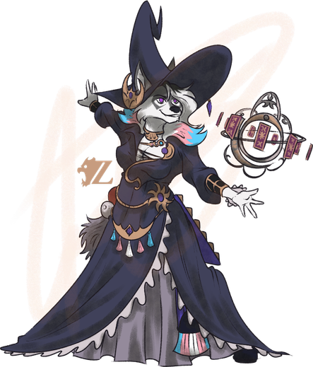 Luna, a female anthropomorphic wolf, is dressed up in the esoteric, almost witch-like style of an Astrologian from Final Fantasy XIV. She wears a large pointed hat, blouse, and dress in navy blue, with a gray pleated skirt beneath the dress. She has various accessories and baubles incorporating the colors of the transgender pride flag, striking a pose holding a floating astrolabe with cards rotating around it, smiling to her unseen opponent.