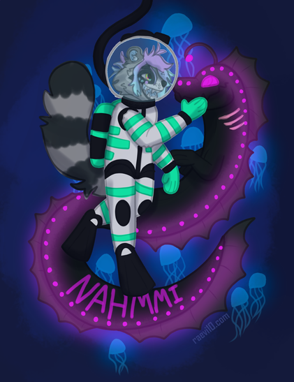 an anthro raccoon in a white black and neon seafoam dive suit petting a black and glowing pink sea dragon, on the dragons tail is the characters name nahmmi