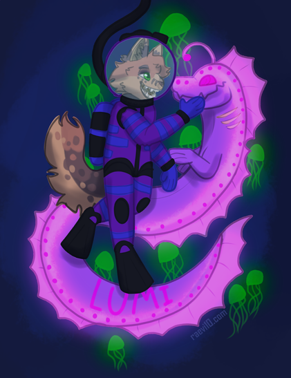 an anthro fox cat hybrid thats different hues of off orange in a blue purple and black dive suit petting a glowing pink sea dragon, on the tail it says the characters name "lumi"