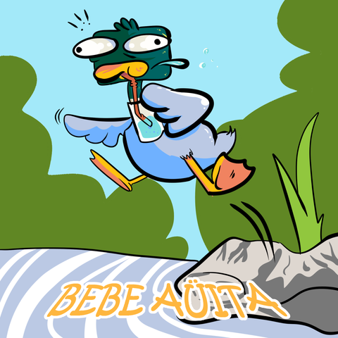 Coll Verd el pato de cuello verde saltando desde una piedra a un charco con un vasito de agua con pajita en el pico y con cara de tontaco.