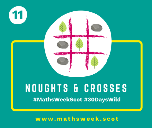 A colourful graphic with a green background and a yellow frame. Overlapping the top of the frame is a white circle with a picture of a noughts and crosses game with leaves and stones as the markers. Inside the yellow frame are the words "Noughts and Crosses" and the hashtags #MathsWeekScot and #30DaysWild. Under the frame is the Maths Week website URL.