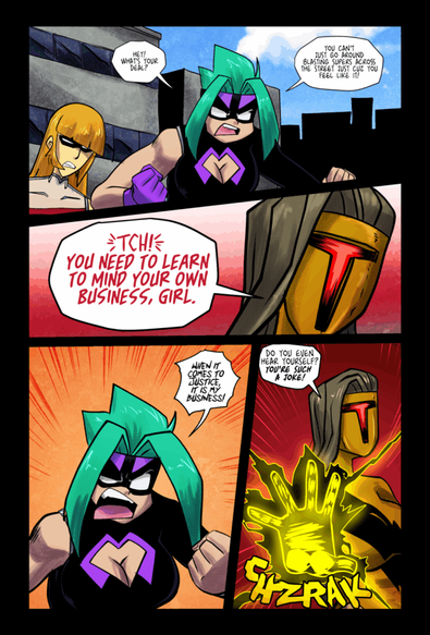 Mega Maiden confronts Trauma Strike, but she thinks Mega is a huge joke.