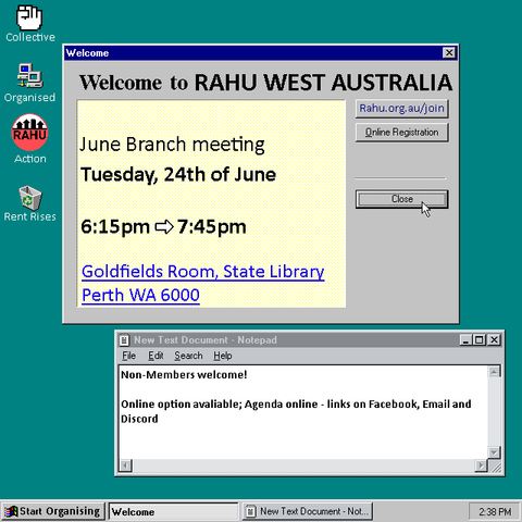 Welcome to RAHU WEST AUSTRALIA

Juhe Branch meeting 
Tuesday, 24th of June

6:15pm to 7:45pm

Goldfields Room, State Library 
Perth WA 6000

Non-members welcome!
Online options available; agenda online - links on Facebook, Email, and Discord
