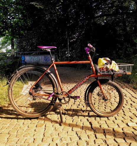 Omnium Mini Bike in bronze with purple parts on cobblestones in the morning light.