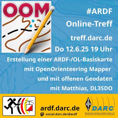 Bild zum Hinweis auf den ARDF Online-Treff am 12.6.25 um 19 Uhr auf https://treff.darc.de. Thema des aktuellen Termins ist die Erstellung einer Orientierungslauf-Basiskarte für Aktivitäten im Amateurfunkpeilen auf Grundlage offener Geodaten. Den Impulsvortrag liefert Matthias, DL3SDO. Als Software benutzt er OpenOrienteering Mapper.