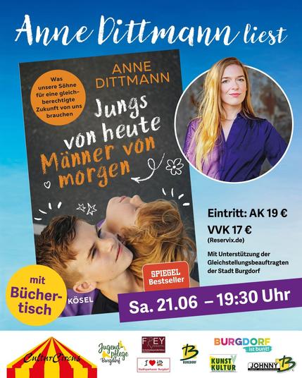 Anne Dittmann liest am 21.6. um 19:30 Uhr in Burgdorf aus ihrem Buch "Jungs von heute -Männer von morgen".