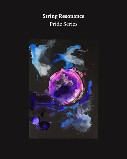 peinture sur fond noir, formes abstraites de couleur bleue, violette, rose et blanche