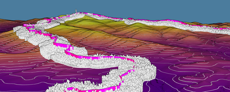 A 3D terrain map showing shaded terrain using a purple to yellow colour map, where purple is lower and yellow is higher. A white and grey strip of 3D lidar points traverses the map, in its center is a pink strip which follows a running route.