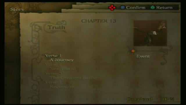 A drakengard chapter select screen showing chapter 13, titled "Truth" with Various verses available for playing