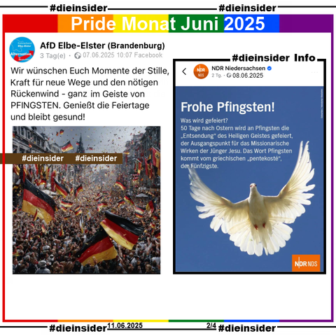 Die AfD Elbe-Elster in Brandenburg postet am 07.06.2025 zu Pfingsten ein Bild mit einer Straße und Häusern voller Deutschlandfahnen und 

"Wir wünschen Euch Momente der Stille, Kraft für neue Wege und den nötigen Rückenwind - ganz im Geiste von PFINGSTEN. Genießt die Feiertage und bleibt gesund!"

Dazu zeigen wir als Info den NDR Niedersachsen Post "Wussten Sie, warum Christen Pfingsten feiern?"