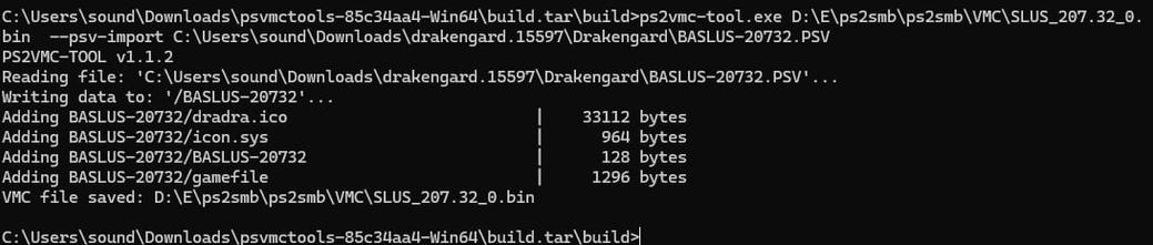 Terminal window displaying file processing operations with green text on black background, showing multiple file paths from "BAGLUS-26732.PSV" being added to  a VMC bin file