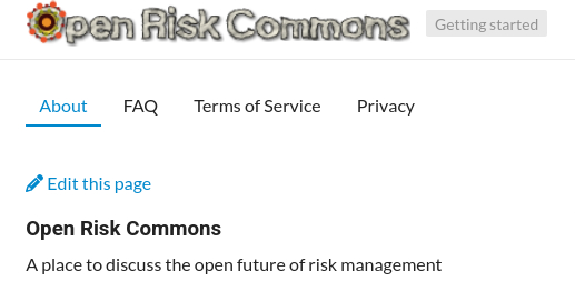 Snapshot of the Open Risk Commons About page with the tagline: A place to discuss the open future of risk management
