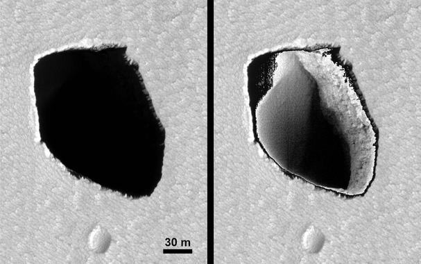 Fortunatamente, HiRISE è abbastanza sensibile da riuscire a vedere qualcosa in questa fossa altrimenti buia. Poiché HiRISE si è girato di quasi 30 gradi per catturare questa immagine, possiamo vedere la parete orientale della fossa. Il pavimento della fossa sembra essere di sabbia liscia e scende verso sud-est. La speranza era quella di determinare se si trattasse di una fossa isolata o se fosse un lucernario di un tunnel, proprio come i lucernari dei tubi di lava delle Hawaii. Non si vedono tunnel nelle pareti visibili, ma potrebbero essere nelle altre pareti non visibili.