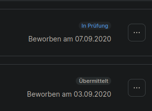 Bewerbungsportal welches Stellen mit Bewerbungen im September 2020 zeigt welche nach Stand 2025 immernoch auf "In Prüfung" und "Übermittelt" stehen.