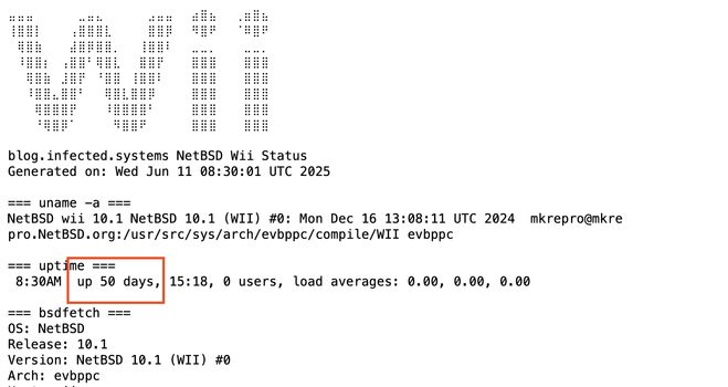 Screenshot of my Wii status page at https://blog.infected.systems/status/ showing the current uptime of the Wii based webserver.

The uptime line reads:

8:30AM  up 50 days, 15:18, 0 users, load averages: 0.00, 0.00, 0.00