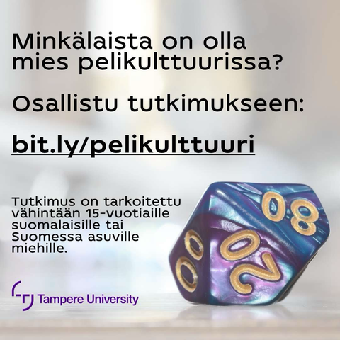 Mainoksen kuvassa monikulmainen noppa ja linkki: bit.ly/pelikulttuuri