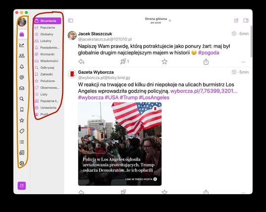 The image displays a social media interface featuring a sidebar with various sections such as "Popularne" (Popular), "Globalny" (Global), and "Profil" (Profile). The main content area includes two recent posts: one from Jacek