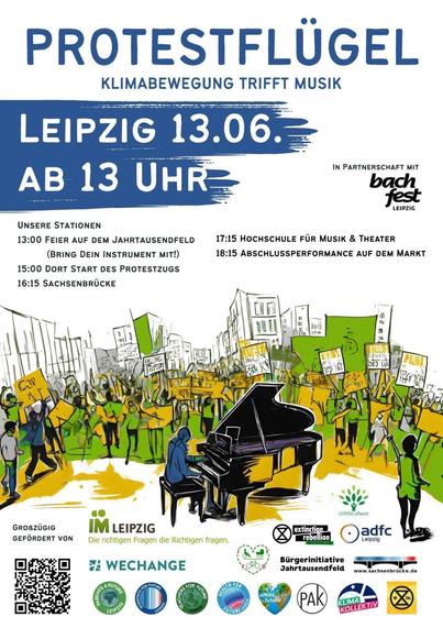 Flyer der Aktion "Protestflügel" - Klimabewegung trifft Musik
Darauf zu sehen sind die Rahmendaten der Veranstaltung am 13.06. ab 13 Uhr