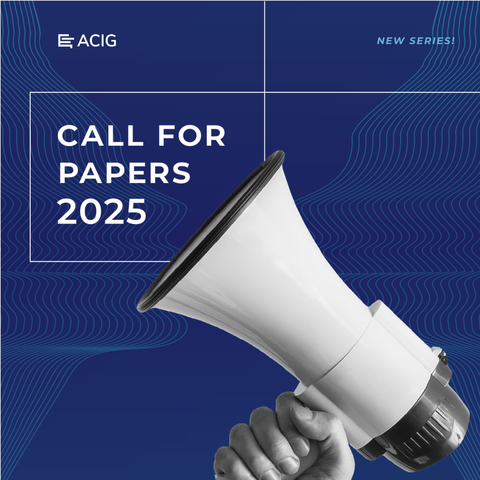 Bold white text “Call for papers 2025” on a blue background. From behind the bottom edge of the illustration a human hand holding a loudspeaker emerges