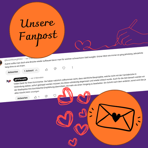 Kommentar auf YouTube:
Zuerst sollte man doch eine Brücke wieder aufbauen bevor man für solchen schwachsinn Geld ausgibt. Grüner Mist wie immer es ging jahrelang Jahrzehnte lang ohne so ein Kram.
Replik der PVP-Kooperation:
Vielen Dank für Ihren Kommentar. Sie haben natürlich vollkommen recht, dass sämtliche Bauprojekte, welche nicht mit der Carolabrücke in Verbindung stehen, sofort gestoppt werden müssen, bis diese vollständig abgerissen und wieder erbaut wurde. Auch für die Zeit danach werden wir der Stadtspitze Ihre durchdachte Empfehlung übermitteln, nie mehr als einen Vorgang zu bearbeiten. Ein Schritt nach dem anderen, sonst wird das ja alles nüscht.
Liebe Grüße,
Ihr PVP-Team